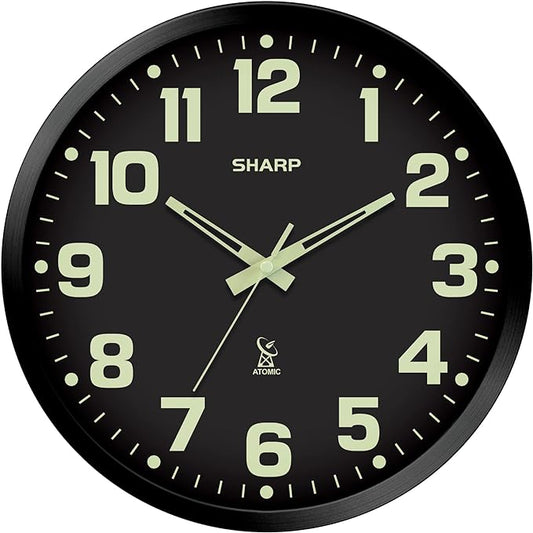 Sharp Glow in the Dark Atomic Analog Wall Clock - 12" Clock with Black Frame - Sets Automatically - Battery Operated - Easy to Read - Easy to Use – See Day or Night!
