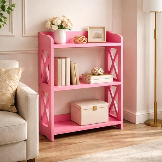 Narrow Bookcase by Natural Wood, 3 Tier Bookshelf, Small Book Shelves Freestanding Display Storage Shelves. Open Bookshelf for Bedroom, Living Room and Office (Pink, 3 Tier)