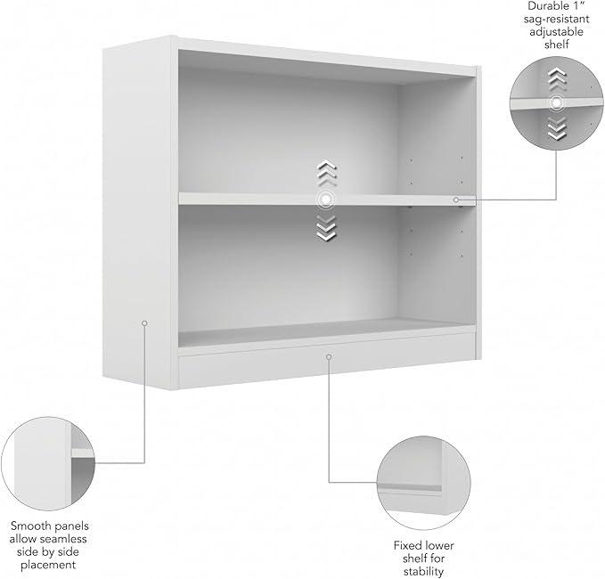 Bush Home Universal Small 2 Shelf Bookcase in White, Low Storage and Display Bookshelf for Home Office or Living Room Organization