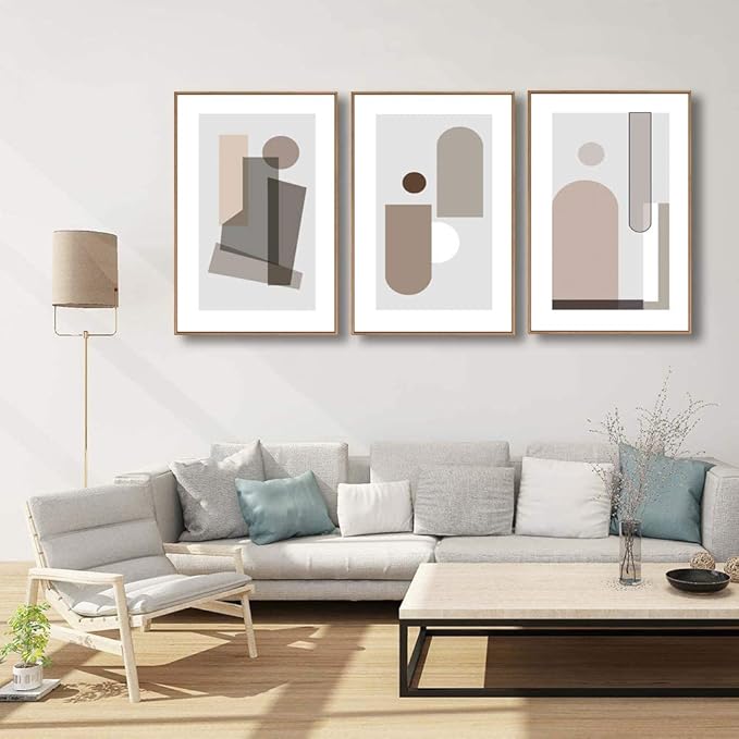 SIGNFORD Framed Wall Art Print Set Small & Large Transparent Polygons Abstract Shapes Digital Art Modern Art Contemporary for Living Room, Bedroom, Office - 24"x36"x 3 Panels Natural