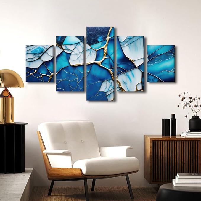Abstract Canvas Wall Art Modern Abstract Enthusiasts Home Wall Decor Ice Blue Glass Abstract Poster Prints on Canvas 5 Panel Living Room Office Decor Stretched Framed Ready to Hang 60x32 in