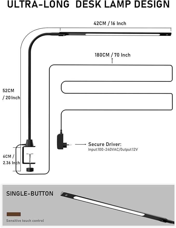 deeloop CRI 95+ LED Desk Light,16 Inches Ultra-Long Bright Desk Lamp, 5 Brightness Dimming 4000K Office Lamp with 360° Head Rotation Clamp Light for Home Office Working Black