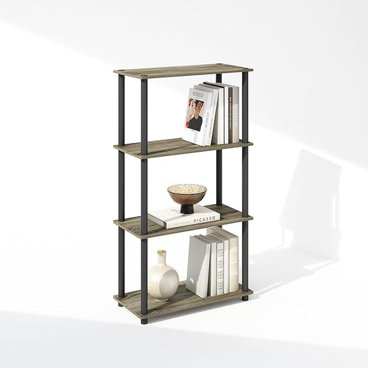 Furinno Turn-N-Tube Book Shelf, 4-Tier Bookshelf, Bookcase with Multipurpose Compact Display Rack, 11.6 x 23.6 x 43.2, for Living Room, Bedroom, Home Office, French Oak/Black