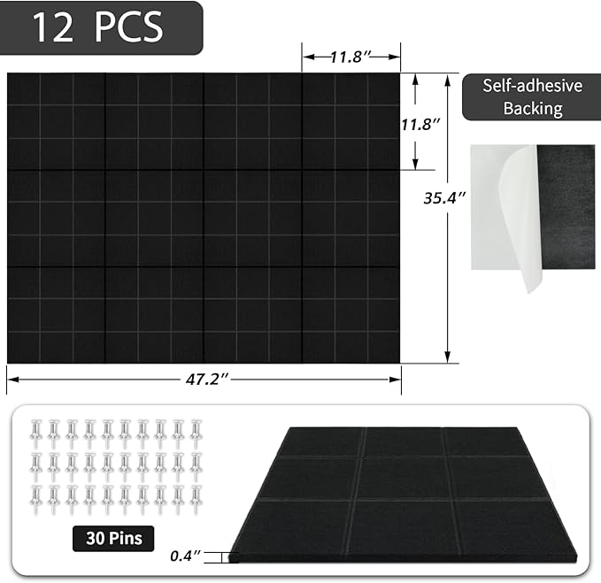 BXI Felt Bulletin Board - 36 X 48 X 3/8 Inches Self-Adhesive Poster Cork Board with 30 Push Pins, 12 Pcs Thick Pin Tiles Display Vision Board, Photo Picture Panels for Home Office Classroom Walls