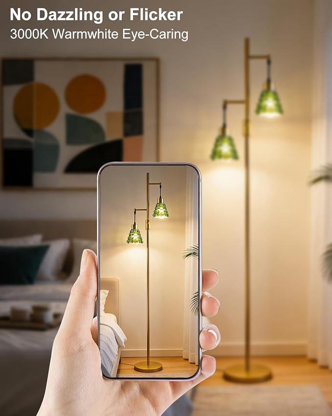 Lightdot 65IN Glass Floor Lamp for Living Room, 2- Light Gold Floor Lamps with Green Glass Shade& 3000K Warm White Bulbs, Modern Standing Tall Lamp for Bedroom/Corner Beside/Home Decor