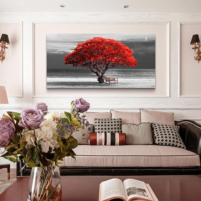 WapluamWall Decor Living Room Large Size Canvas Wall Art For Office Black White With Landscape Moon Wall Painting Red Trees Canvas Pictures Framed Artwork Bedroom Decor Home Decorations 30" X 60"