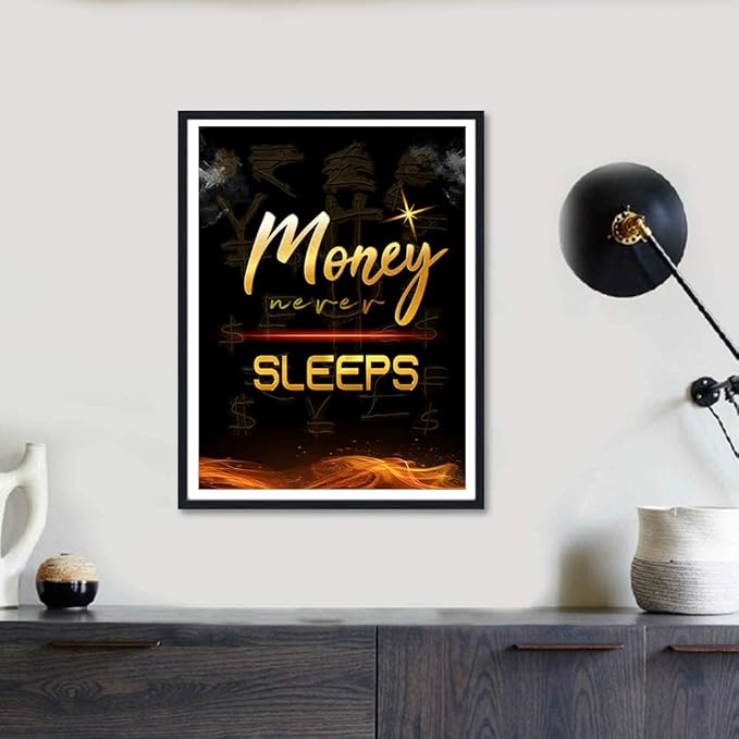 Money Wall Art Money Never Sleeps Text Motivational Posters Inspirational Entrepreneur Wall Decor Canvas Print Artwork for Office Living Room Decor Ready to Hang 12X16inch