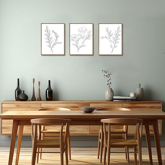 KISSFOX 3 Piece Framed Wall Art Botanical Wall Decor Floral Pictures Wildflower Canvas Art Black White Line Paintings Minimalist Boho Artwork For Bedroom Living Room Bathroom