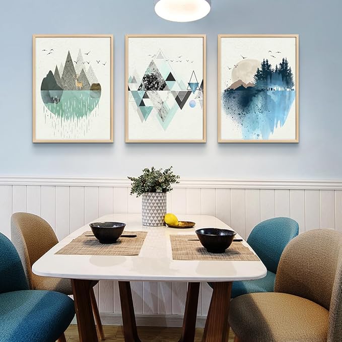 Natural Wood Framed Abstract Geometry Wall Art - Large Size, 3 Piece Framed Art Prints for Living Room, Bedroom, Office Decor