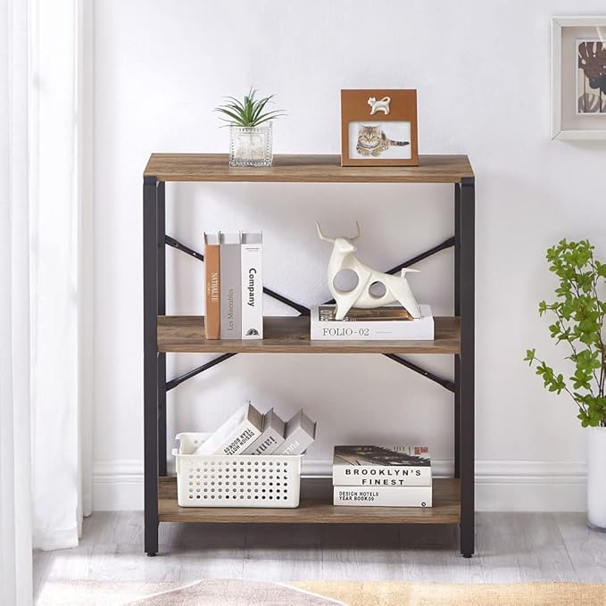 FOLUBAN Small Bookshelf, 3 Tier Open Book Shelf, Rustic Wood and Metal Shelving Unit for Small Space, Oak