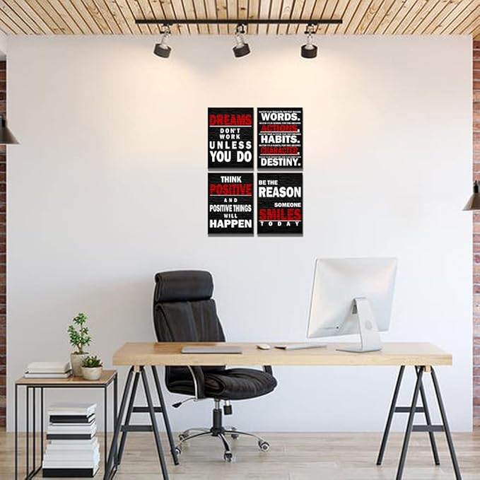 Motivational Wall Decor Art Red Black Gym Office Wall Art Inspirational Poster Quote Framed Positive Canvas Wall Art for Office Bedroom Dorm Wall Decor Sign Boys Girls Room 12"x16", 4pieces