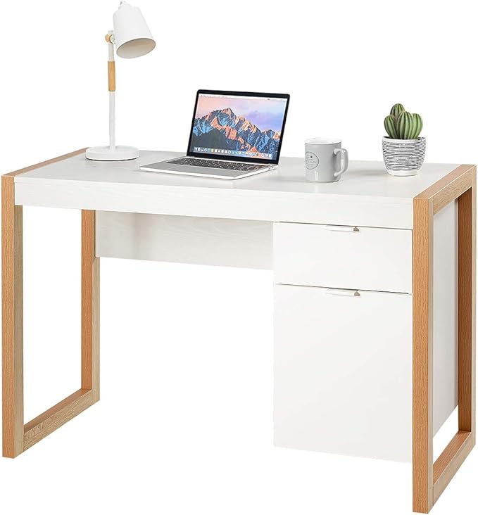 Tangkula Wooden Home Office Desk with Drawer & Cabinet, PC Laptop Workstation Study Writing Desk, Ideal for Bedroom Home Office (White & Natural)