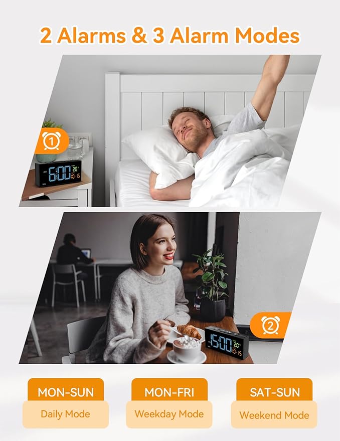 Netzu Alarm Clocks for Bedrooms, Digital Clock with Date Temperature and Weekday, Manual DST, Snooze, 2 Alarms, 4 Volumes for Living Room Home Bedside Desk (Black and Blue)