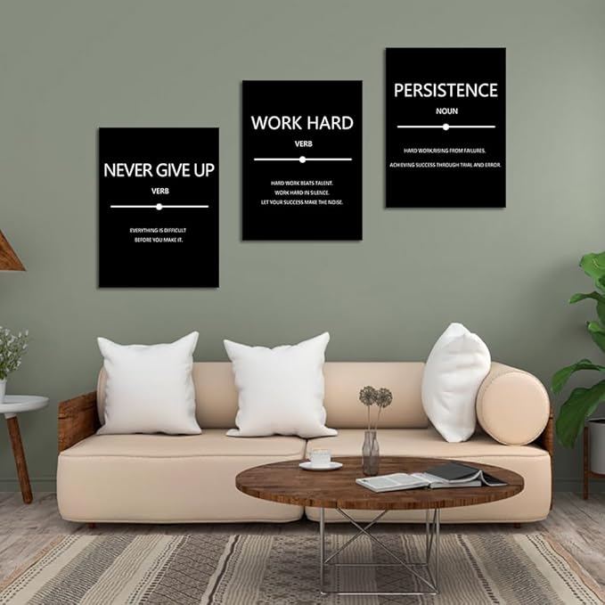 Unbruvo Inspirational Canvas Wall Art, Motivational Office Wall Decor, 3 Pieces Black Never Give Up Positive Quotes Wall Art for Workplace Living Room Bedroom(60''Wx 28''H)