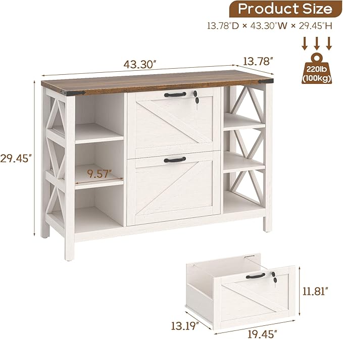 44" Lateral File Cabinet with Adjustable Shelves, Farmhouse 2 Drawer Filing Cabinet with Lock for Legal/A4/Letter, Wooden Printer Stand Office Furniture Storage Cabinets for Home Office, Rustic White