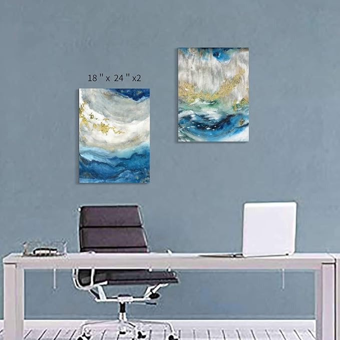 Hardy Gallery Abstract Painting Canvas Wall Art: Blue Picture Hand Painted Artwork for Living Room (24'' x 18'' x 2 Panels)