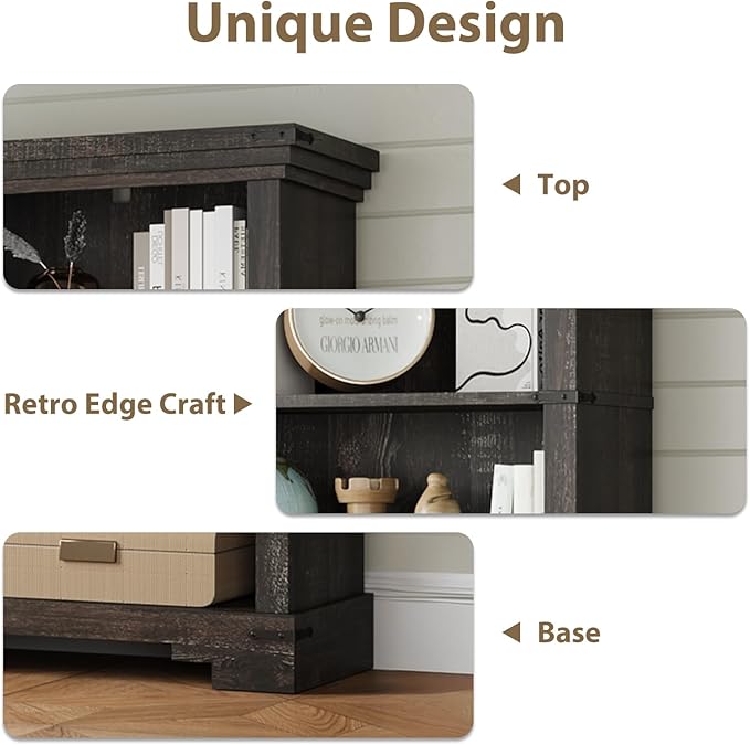 5-Tier Farmhouse Bookshelf, 61.1 inch Tall Bookcase with Storage & Unique Design & One Adjustable Shelf, Wooden Bookshelf for Study Room, Living Room, Home Office, Bedroom (Black)