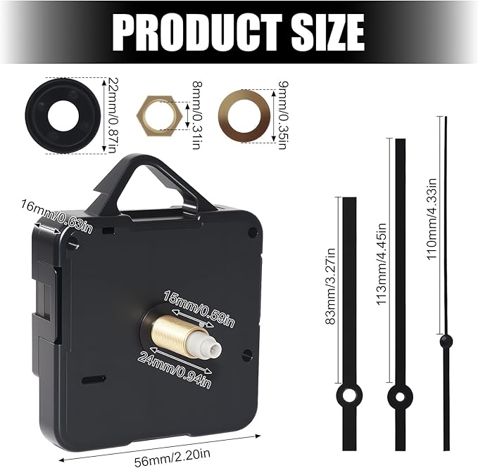 Silent Quartz Clock Mechanism Kit, High Torque Long Shaft Replacement Clock Movement for DIY Wall Clocks, Includes Clocks Hands and Quartz Movement Parts for Home and Office, Black