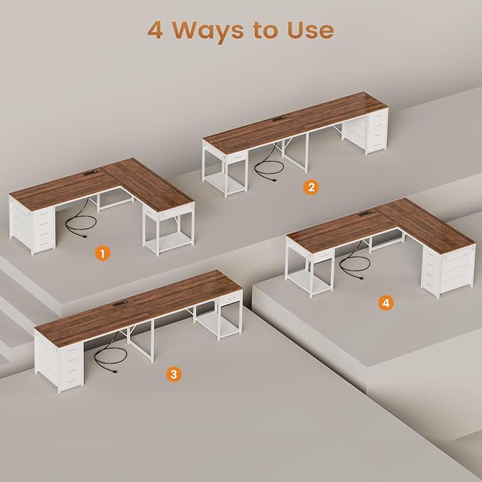 57" L Shaped Desk with 5 Drawers, Reversible Computer Corner Desk with Storage & Power Strip for Home Office, 78.7" Long 2 Person Desk, Brown+White