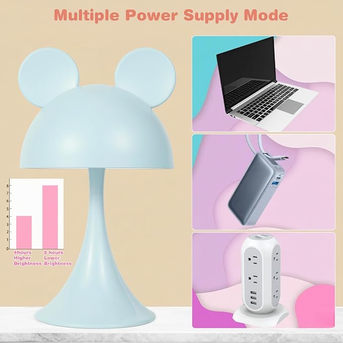 Rechargeable Mouse-Shaped LED Bedside Lamp – Kids Room Night Light with Touch Dimming & 3 Color Temperatures (Blue)