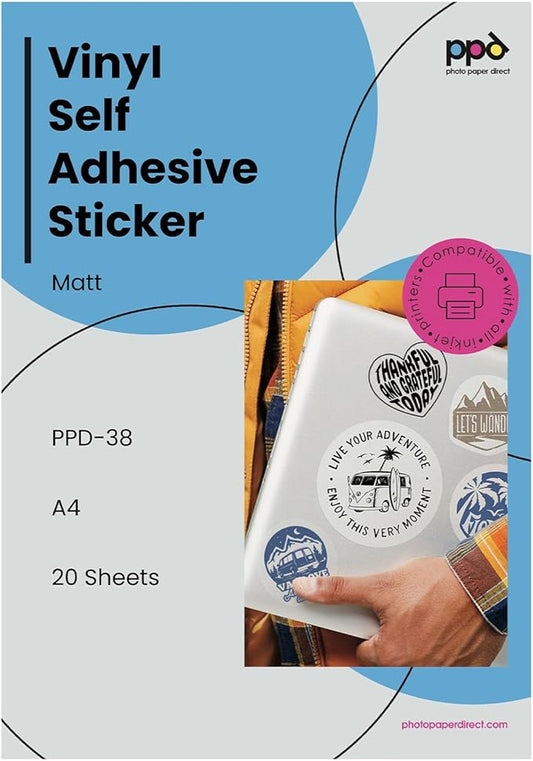 PPD Premium Printable Vinyl Sticker Paper for Inkjet Printer - 20 Sheets Matt Sticker Paper 8.5 x 11 - Self-Adhesive, Waterproof, Tear Resistant, Instant Dry - PPD-38-20
