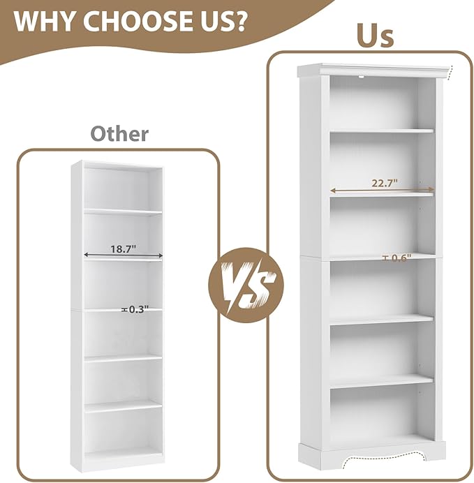 6-Tier Bookshelf, 73 inch Tall Bookcase with 2 Adjustable Shelves, Book Shelf with Anti-Tipping Device, Wooden Bookcase for Study Room, Living Room, Home Office, Bedroom (White)