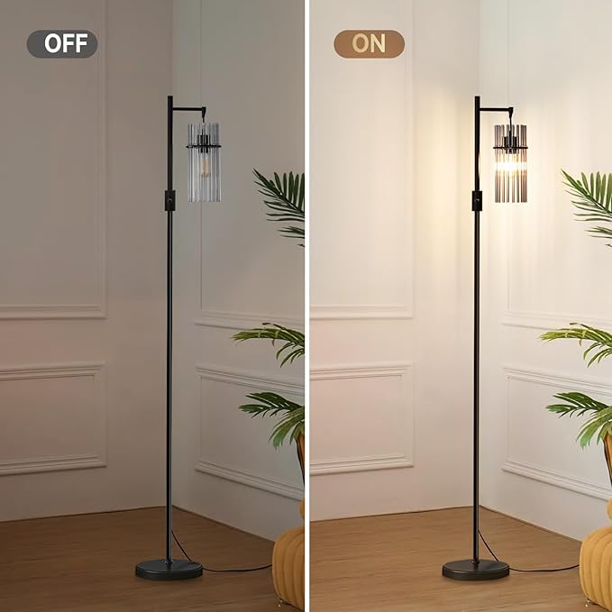 Industrial Modern Floor Lamps for Living Room, Dimmable Glass Tree Standing Tall Lamps with 3 Elegant Teardrop Cage Head & 800 Lumens LED Bulbs for Bedroom Office (66inches Black)