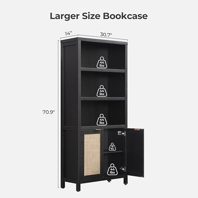 SICOTAS Bookcase 71" Tall Bookshelf 5 Tier Rattan Boho Bookcase with Doors Storage Large Book Case Shelf Farmhouse Bookshelves Library Book Shelves for Living Room Bedroom Home Office Kitchen
