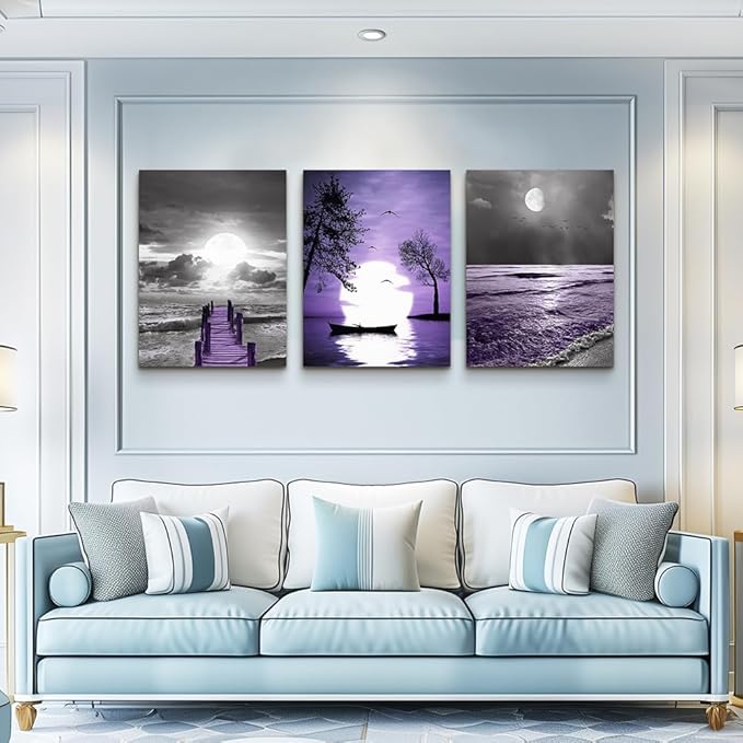 Canvas Wall Art For Living Room Large Size Wall Decorations For Office Artwork Wall Painting Bedroom Wall Decor Black And White Ocean Purple Landscape Modern Family Posters 3 Piece Framed Home Decor