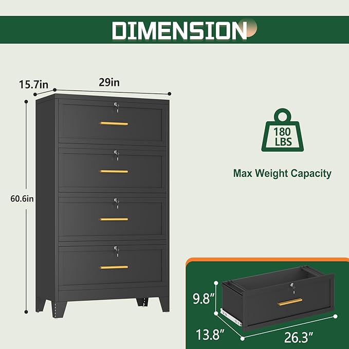 4 Drawer File Cabinet with Lock, Metal Lateral File Cabinets for Home Office, Steel Wide Filing Organization Storage Cabinets, Home Office Furniture for Hanging Files Letter/Legal/F4/A4 Size