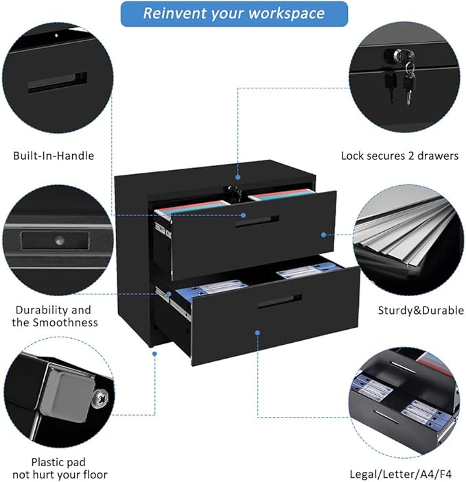 Lateral Filing Cabinet, 2 Drawer Metal Lockable File Cabinet for Commercial Grade Office Legal and Letter File (Black)