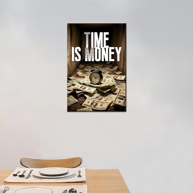 Motivational Canvas Wall Art Inspirational Poster Time Is Money Positive Quotes Poster Print Success Painting Picture Office Bathroom Classroom Office Home Wall Decor Framed [12''Wx18''H]