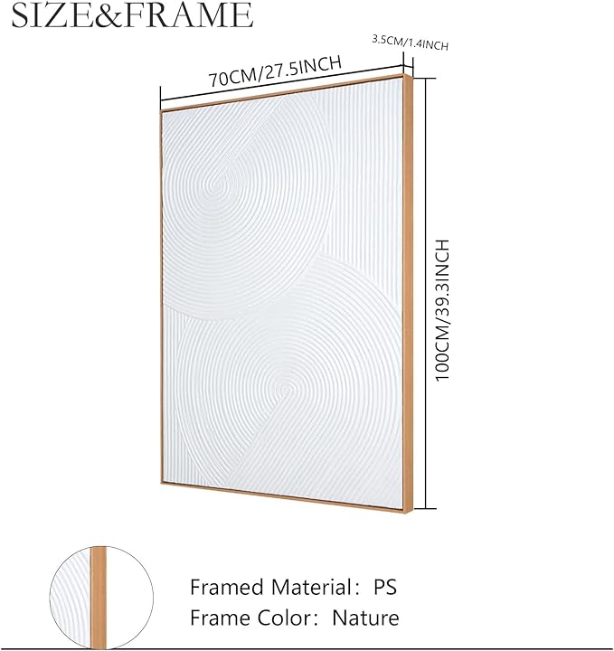 Zessonic Framed Abstract Wall Art for Living-room - Large White Geometric Line Spiral Abstract Hand-painting Artwork Minimalism Contemporary Nordic Boho Decorative for Living Room, Bedroom - 28"x 40"