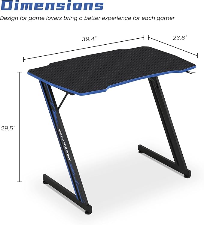 Gaming Desk 39 Inch Z-Shaped Computer Desk Modern Ergonomic PC Computer Table Home Office Desk Racing Style Gaming Workstation with Headphone Hook, Blue