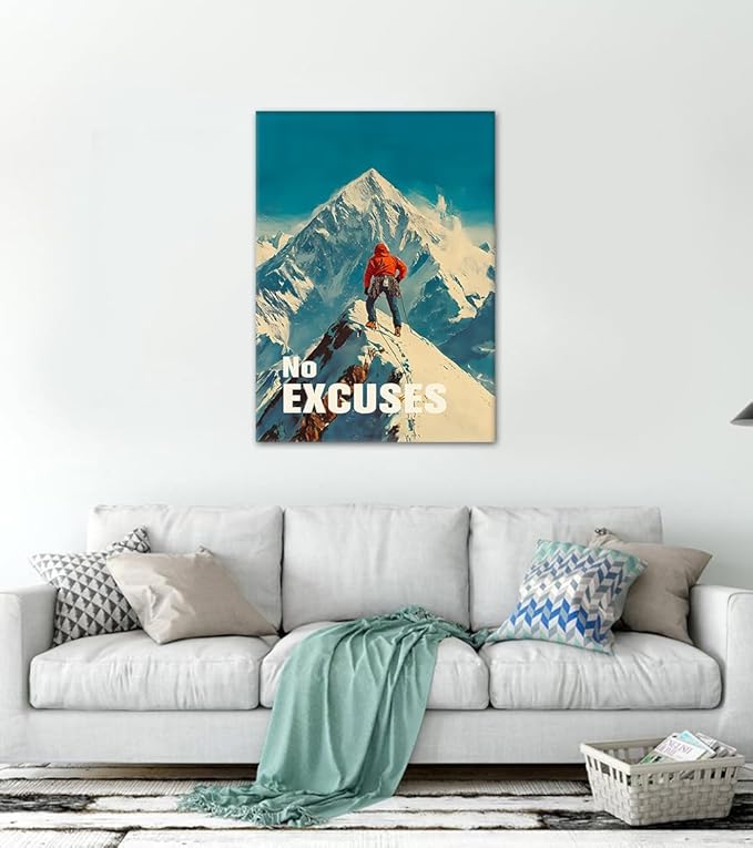 No Excuses Wall Art - Inspirational Mountaineer Canvas Print, Face Challenges Head-On Motivational Quotes Wall Decor, Modern Success Artwork for Office Home Living Room, Framed 24"x36"