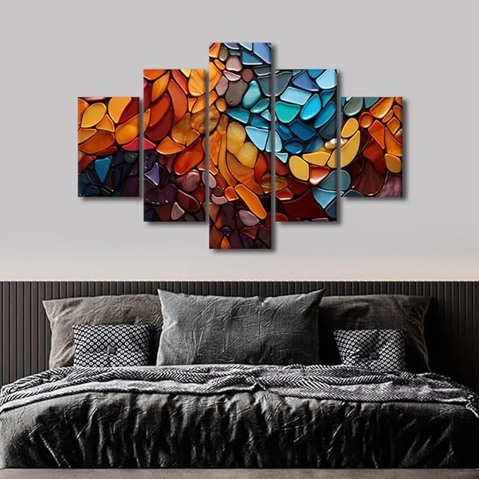 Canvas Wall Art Decor Modern Living Room Wall Art Abstract Colorful Mosaic Style Poster Prints on Canvas 5 Panel Home Wall Art for Bedroom Wall Decor Stretched and Framed Ready to Hang 60x40 in
