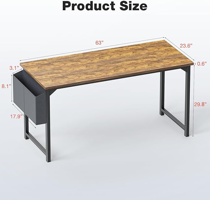 Sweetcrispy Computer Office Desk 63 Inch Student Study Writing Work with Headphone Hooks & Storage Bag Modern Simple PC Home Bedroom Table, Rustic Brown