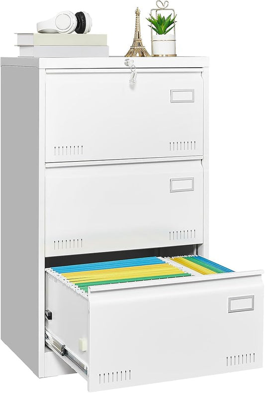 GREATMEET 3 Drawer Lateral File Cabinet,Storage Large File Cabinets,White File Cabinet 3 Drawer for Home Office,Metal Lateral Filing Cabinet for Letter/Legal/F4/A4 Size,Easy Assemble