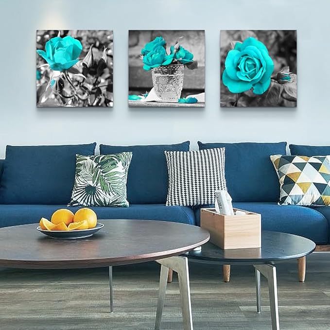 Lapremoly Canvas Wall Art For Bedroom Large Wall Decor For Living Room Black And White Wall Paintings Blue Rose Flowers Pictures Framed Canvas Prints Ready To Hang Room For Girls Home Decoration