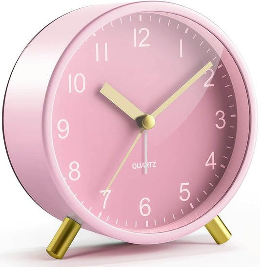 Analog Alarm Clock for Girls, Super Silent Non Tick with Night Light, Battery Operated,Bedroom Clock for Mom,Fashionable Round Metal Alarm Clock for Office, Elderly,Adults,Children School Gift