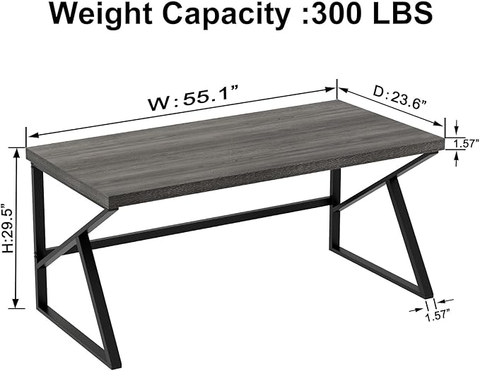 HSH Industrial Home Office Desk, Metal and Wood Computer Desk, Rustic Vintage Soho Work Study Writing Table, Modern PC Desk for Livingroom Bedroom, Farmhouse Computer Table Grey 55 inch Wide