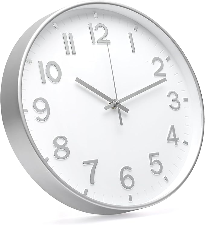 Wall Clock 12 In White-Silver Modern Simple Quartz Decorative Clock Non-Ticking Silent Battery Operated Round Wall Clocks Trendy and Practical Best Gift for Living Room Bedroom Kitchen Office