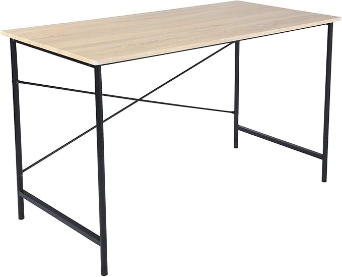 Modern Computer Desk with Light Wood Top, 47.2" x 23.6" Writing Table, Black Metal Frame with Cross Brace, Minimalist Home Office Desk for Study or Workstation or Entryway