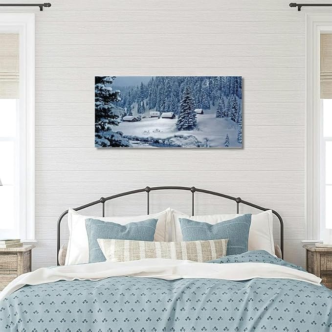 Snowy log cabins ethereal moonlight Canvas Wall Art Large Framed Prints Pictures Wall Decor Posters Painting Artwork for Living Room Bedroom Kitchen Bathroom 12x24