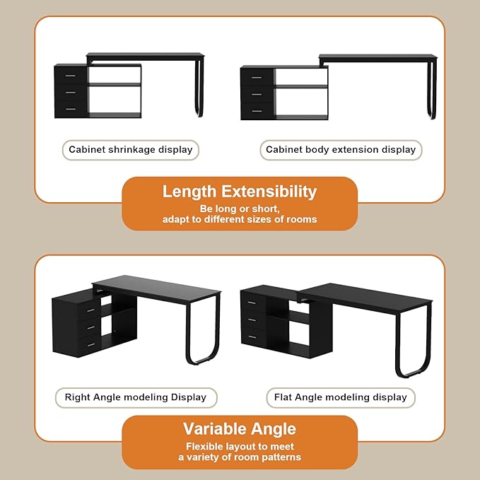 FUFU&GAGA 55.1" Large L-Shaped Office Desk with 41.3" File Cabinet, Corner Computer Desk with 3 Drawers & 2 Shelves, Workstation Executive Desk with Storage Shelf for Home Office - Black