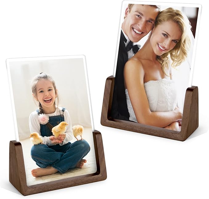 Mixoo 6x8 Picture Frame 2 Pack - Rustic Wooden Photo Frames with Walnut Wood Base and High Definition Break Free Acrylic Glass Covers for Desk or Tabletop Display (6×8 inch, Vertical + Vertical)