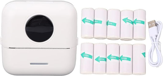 Portable Thermal Sticker Printer with Bluetooth Connectivity for Mobile Devices - Includes 10 Rolls of 57 x 26 mm Self Adhesive Paper - Inkless Printing for Office and Personal Use