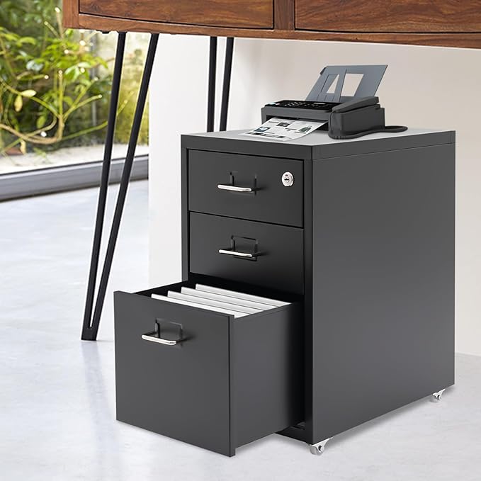 3-Drawer Vertical File Cabinet, 11*16*18.3in Rolling File Cabinet, Mobile Organizer Storage Cabinet with Lock, Office Filing Storage Cabinet Under Desk fits A4 Size, for Home Office (Black)