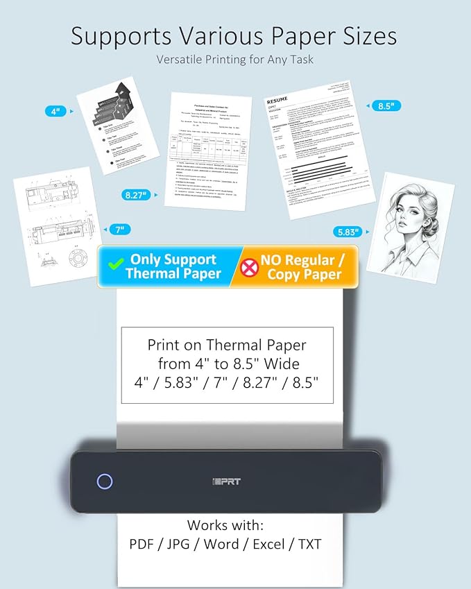 Inkless Portable Printer for Travel, Wireless Thermal Printer Supports 8.5 x 11" US Letter, A4, MT610Pro 300DPI Small Bluetooth Printers Compatible with iOS Android Laptop for Home Office Car, Black