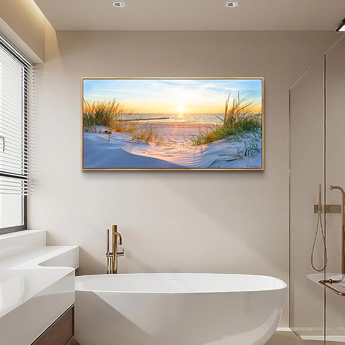 Lapremoly Wood Framed Wall Art For Living Room, Office, Bedroom Decor - Blue Ocean Sea Beach Pictures - Modern Artwork Posters - 20x40 In Ready To Hang